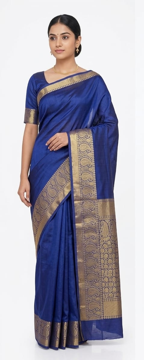 Royal Blue Bangalore Silk Saree with Traditional Paisley Gold Zari Border - JBS215