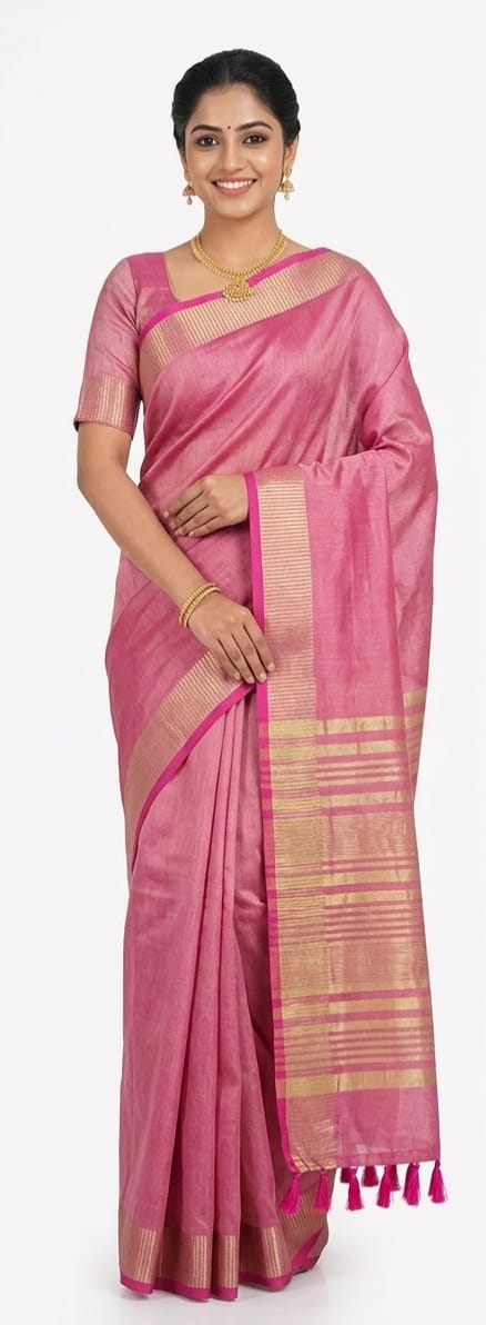 Elegant Onion Pink Bangalore Silk Saree with Gold Zari Stripes & Tassels – SKU: JBS33