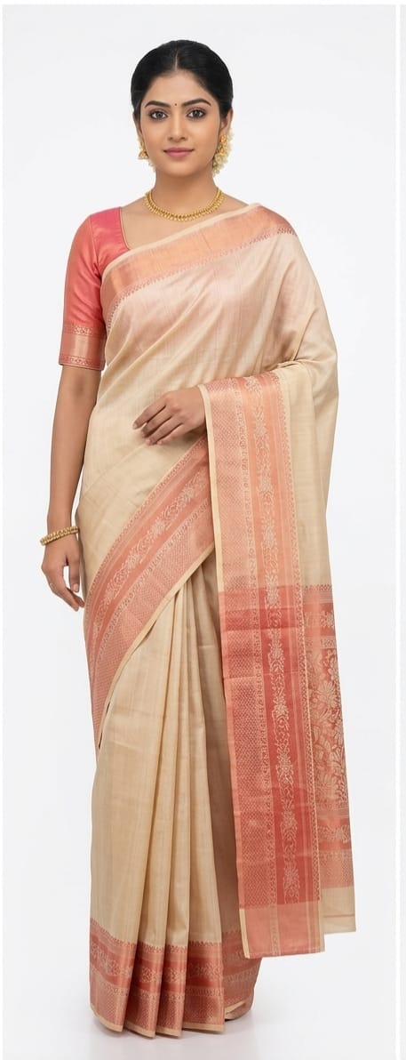 Elegant Cream Bangalore Silk Saree with Peach Zari Border – SKU: JBS193