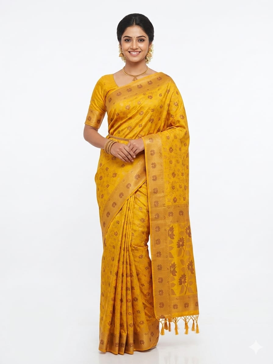 Premium Bangalore Silk Saree in Mustard Yellow with Floral Zari Motifs | Traditional Festive & Wedding Wear Saree