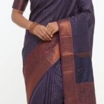 Premium Bangalore Silk Saree in Royal Navy Purple with Copper Zari Border | Elegant Striped Festive & Party Wear Saree