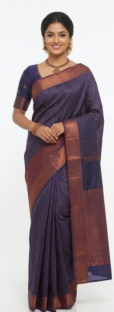 Premium Bangalore Silk Saree in Royal Navy Purple with Copper Zari Border | Elegant Striped Festive & Party Wear Saree