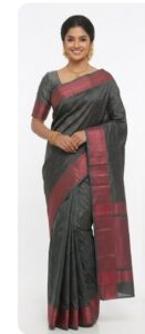 Sophisticated Charcoal Grey Bangalore Silk Saree with Maroon Zari