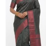 Sophisticated Charcoal Grey Bangalore Silk Saree with Maroon Zari