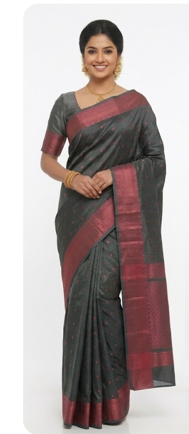 Sophisticated Charcoal Grey Bangalore Silk Saree with Maroon Zari
