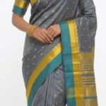 Elegant Steel Grey Bangalore Silk Saree with Teal & Gold Zari Border
