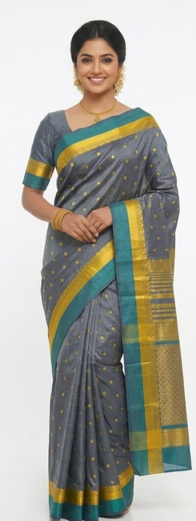 Elegant Steel Grey Bangalore Silk Saree with Teal & Gold Zari Border