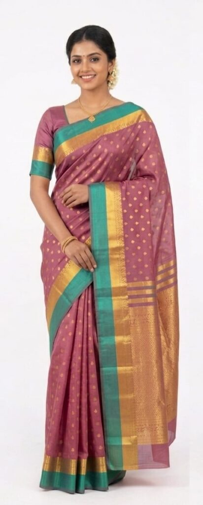 Premium Bangalore Silk Saree – Rose Pink & Green Zari Border Traditional Saree for Women | Wedding & Festive Wear | JBS182