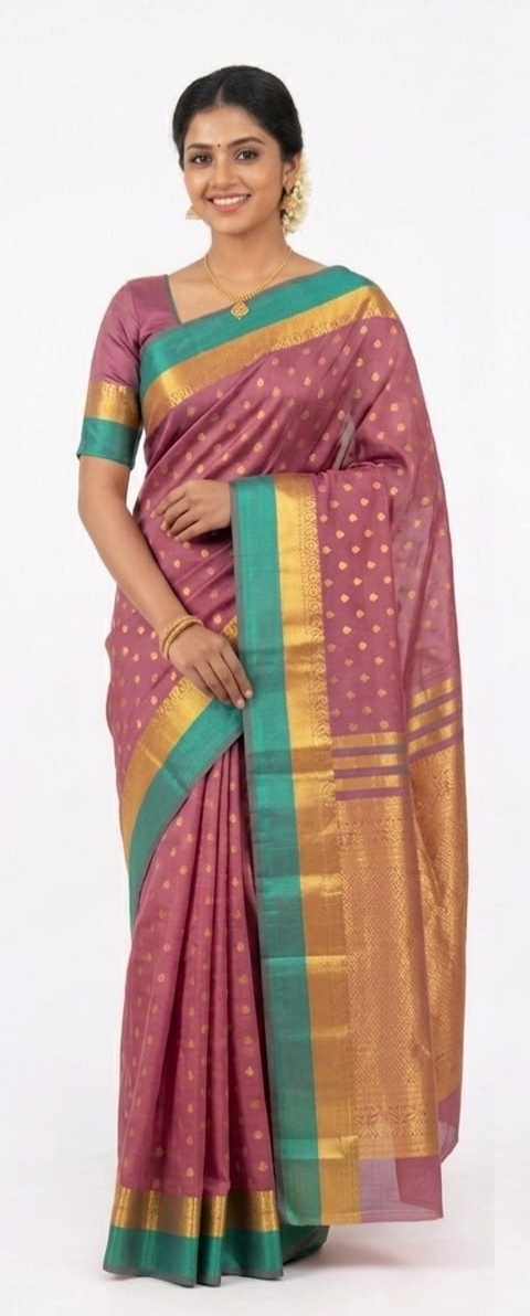 Premium Bangalore Silk Saree – Rose Pink & Green Zari Border Traditional Saree for Women | Wedding & Festive Wear | JBS182