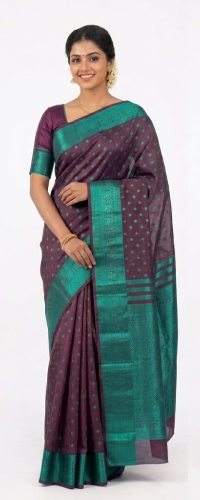 Premium Bangalore Silk Saree for Women – Purple & Teal Green Zari Border Traditional Saree | Wedding & Festive Wear | JBS273