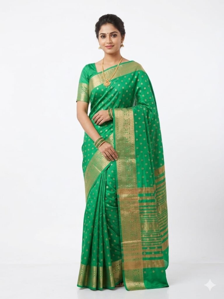 Enchanting Parrot Green Bangalore Silk Saree with Rich Gold Zari Border – SKU240