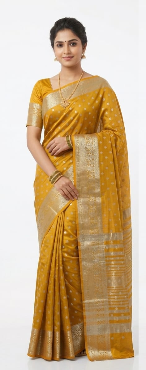 Radiant Mustard Yellow Bangalore Silk Saree with Elegant Silver Zari Work – SKU237