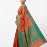 Vibrant Rust Orange Bangalore Silk Saree with Teal Green Zari Border – SKU21