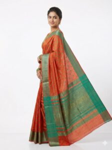 Vibrant Rust Orange Bangalore Silk Saree with Teal Green Zari Border – SKU21
