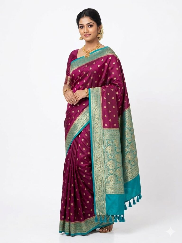 Royal Magenta Bangalore Silk Saree with Rama Green Zari Border – SKU52