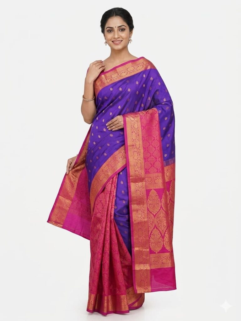 Bangalore Silk Saree Purple & Pink Zari Woven Traditional Kanjivaram Style Saree | Premium Bridal & Festive Wear