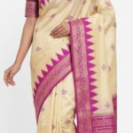 Radiant Cream & Magenta Bangalore Silk Saree with Temple Zari Border - JBS358