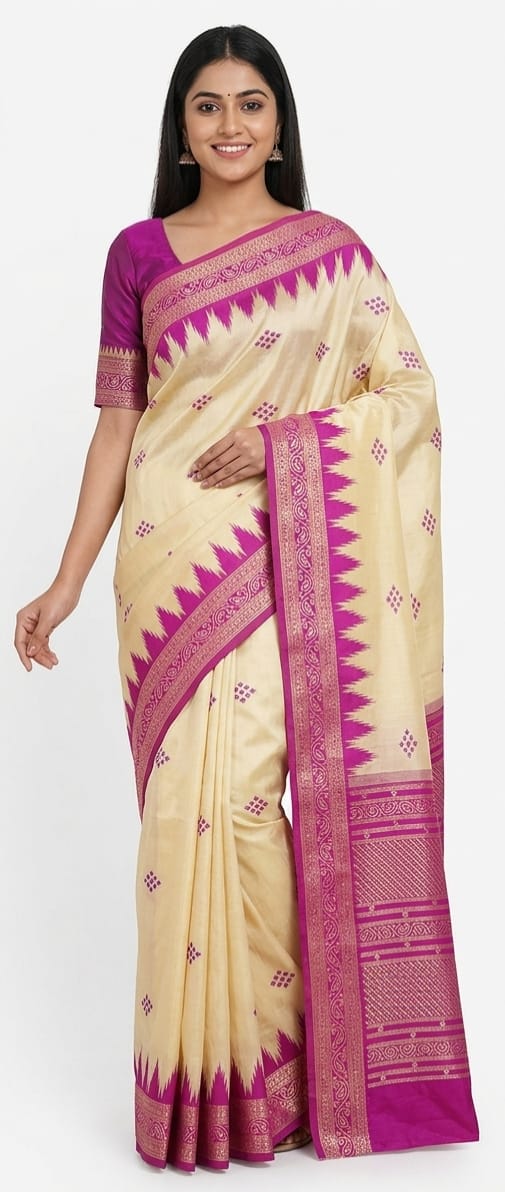 Radiant Cream & Magenta Bangalore Silk Saree with Temple Zari Border - JBS358