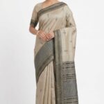 Classic Beige Bangalore Silk Saree with Charcoal Black Paisley Border - JBS361