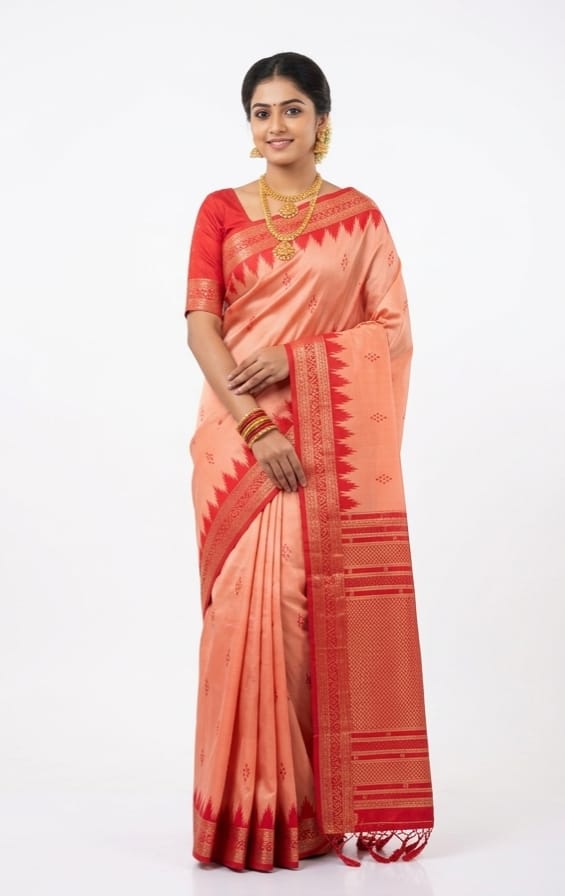 Elegant Peach & Red Bangalore Silk Saree with Temple Zari Border - JBS357