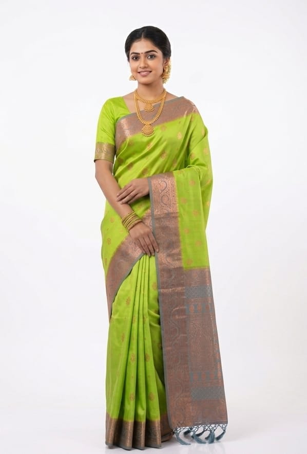Elegant Lime Green Bangalore Silk Saree with Antique Zari Border - JBS352
