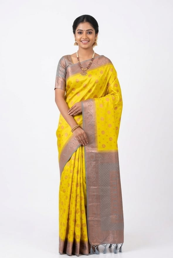 Elegant Mustard Yellow Bangalore Silk Saree with Steel Grey Contrast Border & Copper Zari – SKU: JBS355