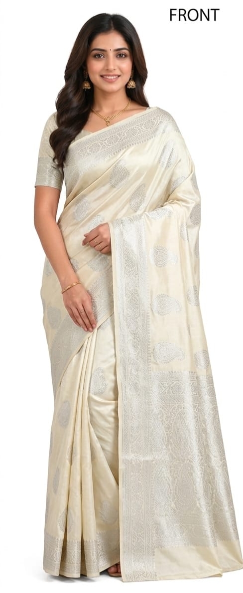 Elegant Ivory Bangalore Silk Saree with Silver Zari Weaving & Rich Pallu | Wedding & Festive Wear | JBS320